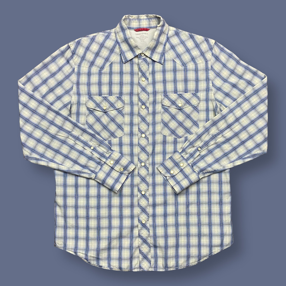 Western Shirt Pearl Snap Plaid Long Sleeve Banana Republic Slim Fit Medium Blue